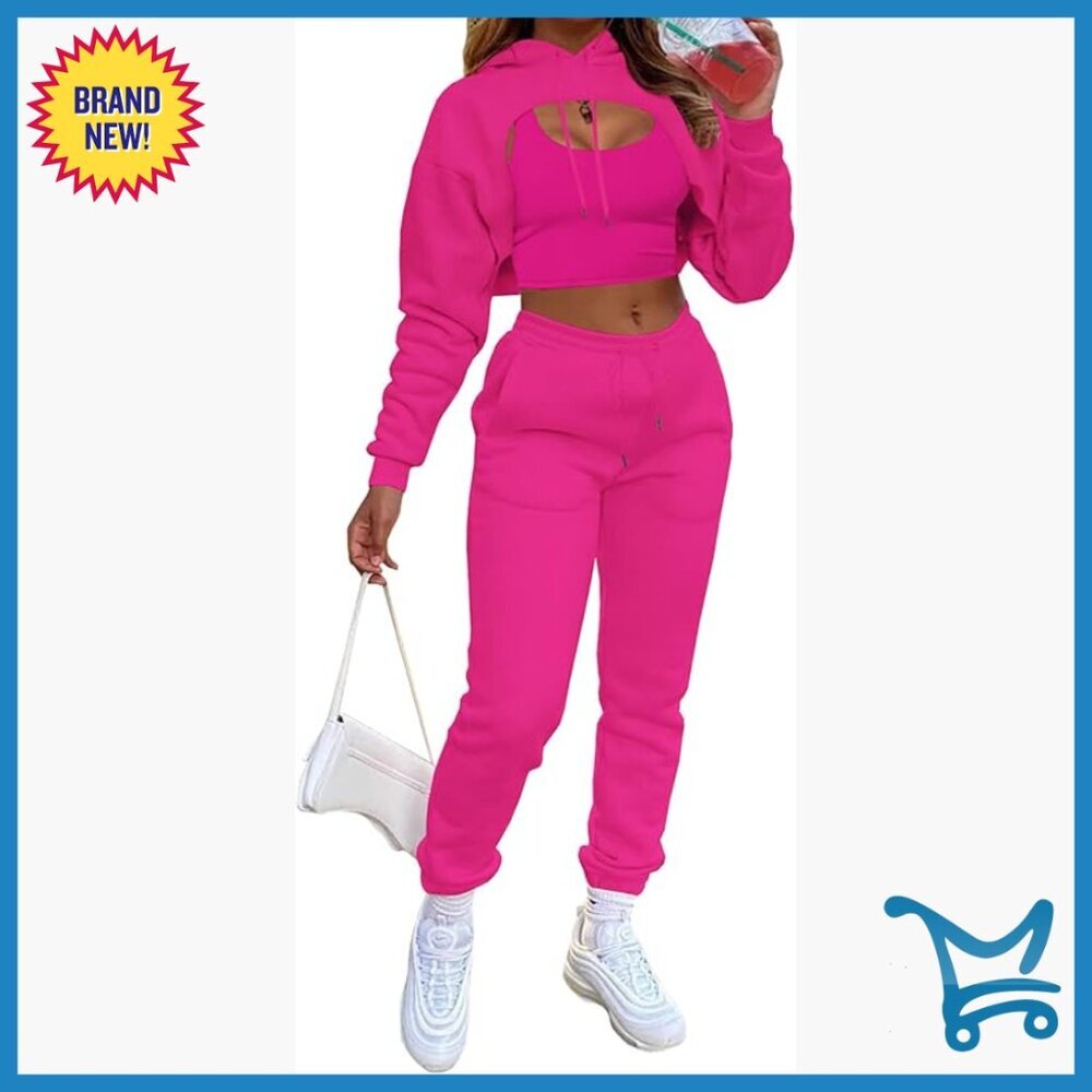 Medium Polyester 3-Piece Tracksuit Set with Crop Hoodie and Joggers